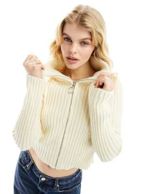 Mango - Pullover in Beige mit Reißverschluss vorne und Stehkragen-Neutral