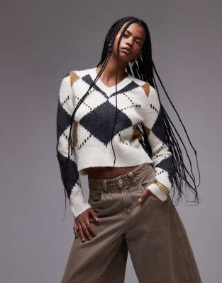 Mango - Pullover in Beige mit V-Ausschnitt und Rautenmuster-Neutral