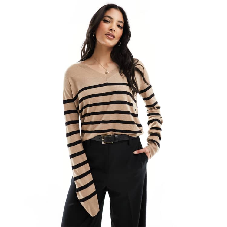 Mango – Pullover in Braun gestreift mit V-Ausschnitt | ASOS