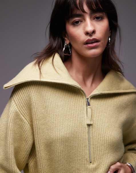 Mango – Pullover in Grün mit weitem Ausschnitt und kurzem Reißverschluss - view 1