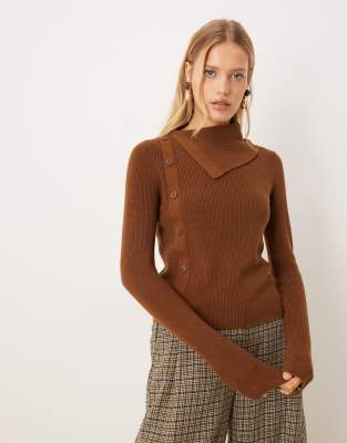 Mango - Pullover in Mittelbraun mit seitlichen Knöpfen-Brown