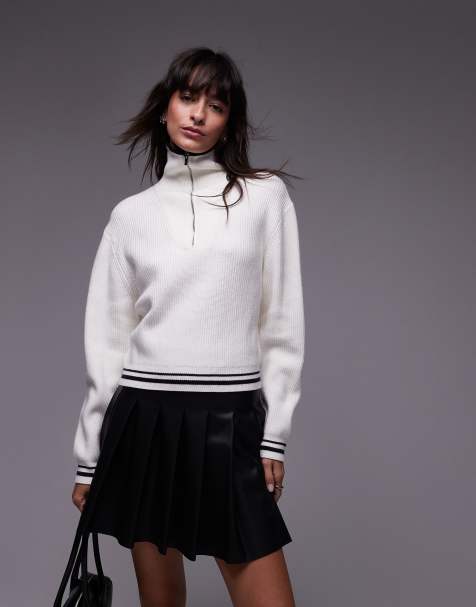Mango – Pullover in Weiß mit kurzem Reißverschluss und Zierstreifen - view 1