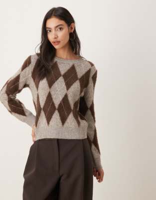 Mango Pullover mit Rautenmuster in Grau und Burgunderrot und Rundhalsausschnitt