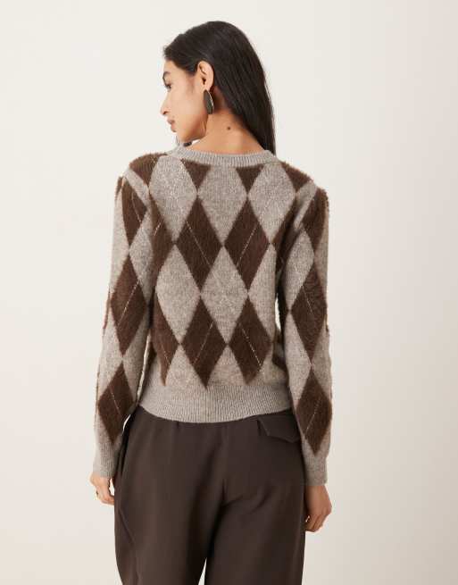 Mango Pullover mit Rautenmuster in Grau und Burgunderrot und Rundhalsausschnitt, 3 von 4