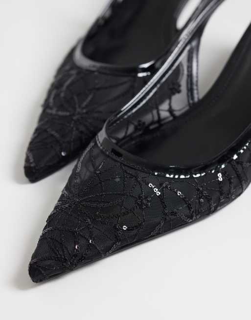 Mango - Puntige slingback schoenen met hak en kanten detail in zwart, 2 van 4