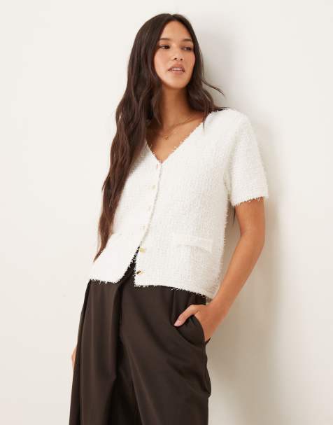 Mango fluffy short sleeve cardigan in white