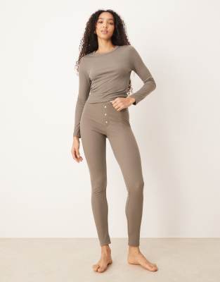 Mango - Pyjama-Hose aus Rippstrick in Pilzbraun mit elastischem Bund-Brown