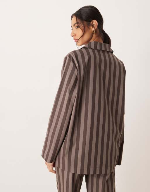 Mango pyjama shirt co-ord in brown stripe, 3 of 4