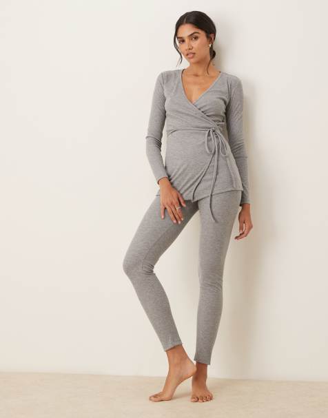 Mango – Pyjamahose aus geripptem Strick in Schiefergrau mit Knopfleistendetail, Kombiteil - view 1