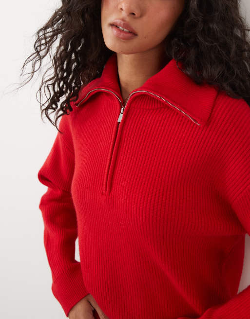 Mango quarter zip jumper in red, 4 of 4