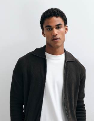 Mango Quarter Zip Polo Cardigan In Brown