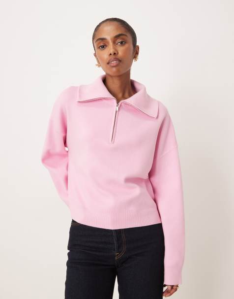 Mango quarter zip polo jumper in pink - view 1