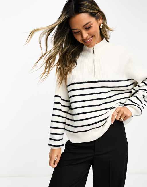 Mango quarter zip striped jumper in white