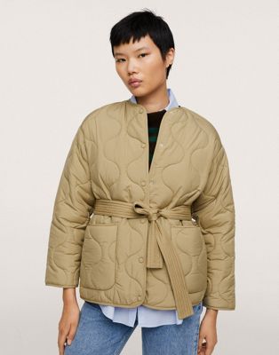 Mango quilted button front nylon jacket with pockets and belt in camel