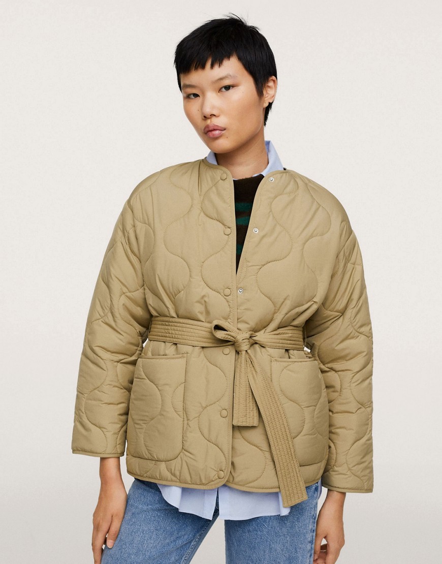 Mango quilted button front nylon jacket with pockets and belt in camel-Neutral