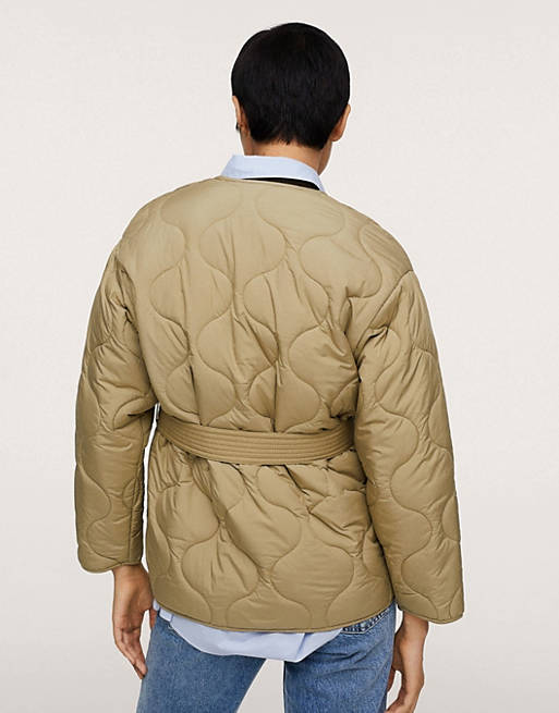 Coats & Jackets Mango quilted button front nylon jacket with pockets and belt in camel 
