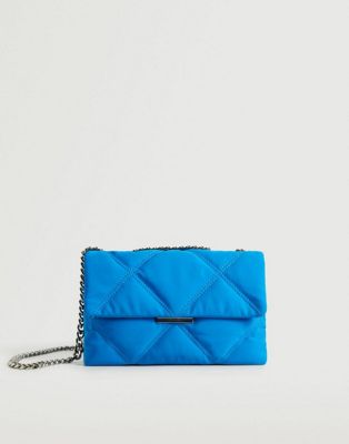 Mango quilted cross body bag with chain handle in blue