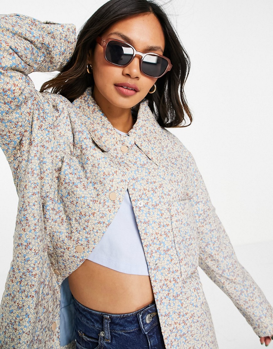 Mango quilted ditsy floral print jacket in light blue-Blues