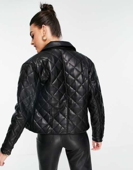 FAUX LEATHER CROPPED QUILTED JACKET - Black