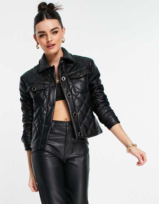 FAUX LEATHER CROPPED QUILTED JACKET - Black