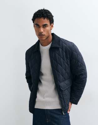 Mango Quilted Jacket In Navy