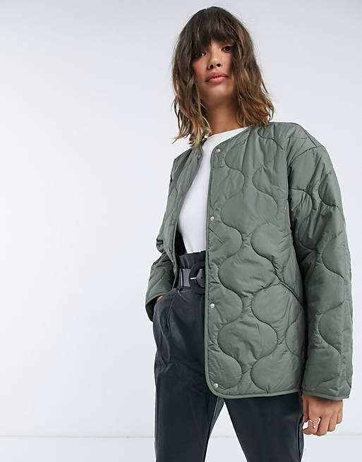 Mango quilted puffer jacket in khaki | ASOS