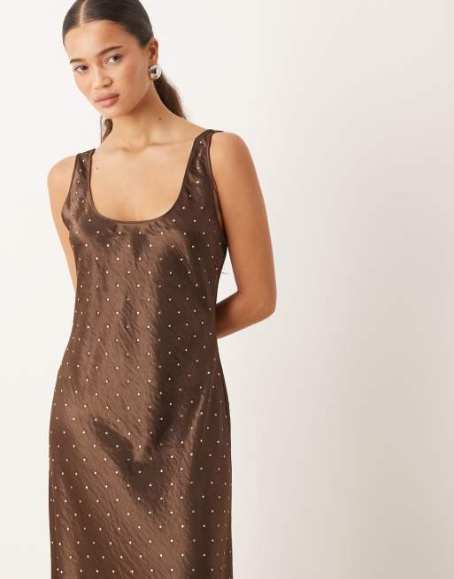 Mango racer neck maxi dress with embellishments in chocolate, 3 of 4
