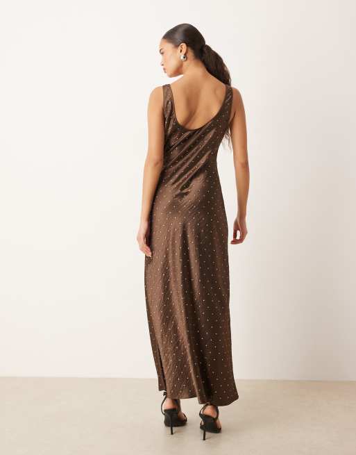 Mango racer neck maxi dress with embellishments in chocolate, 4 of 4