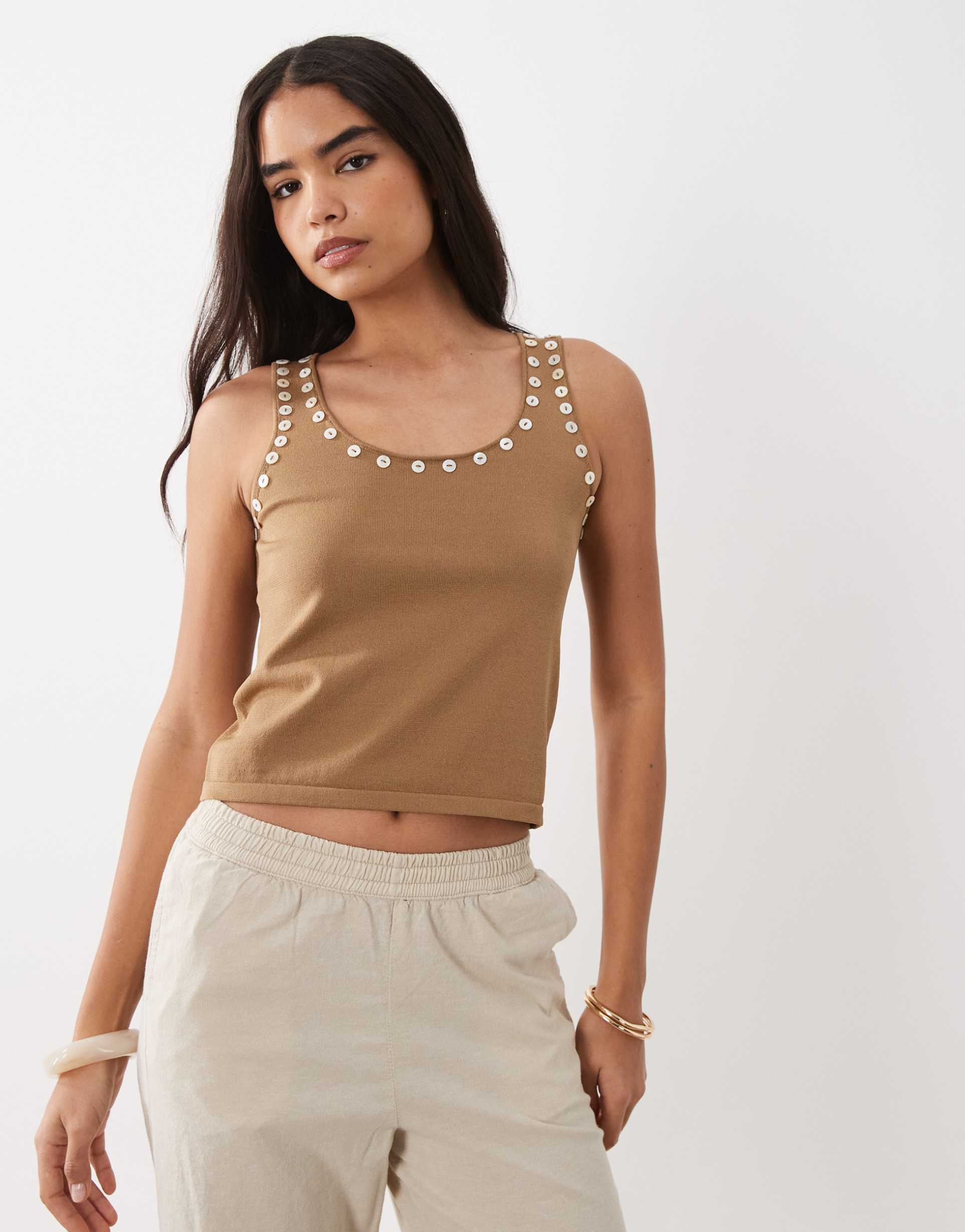 mango racer tank top with button detail in brown