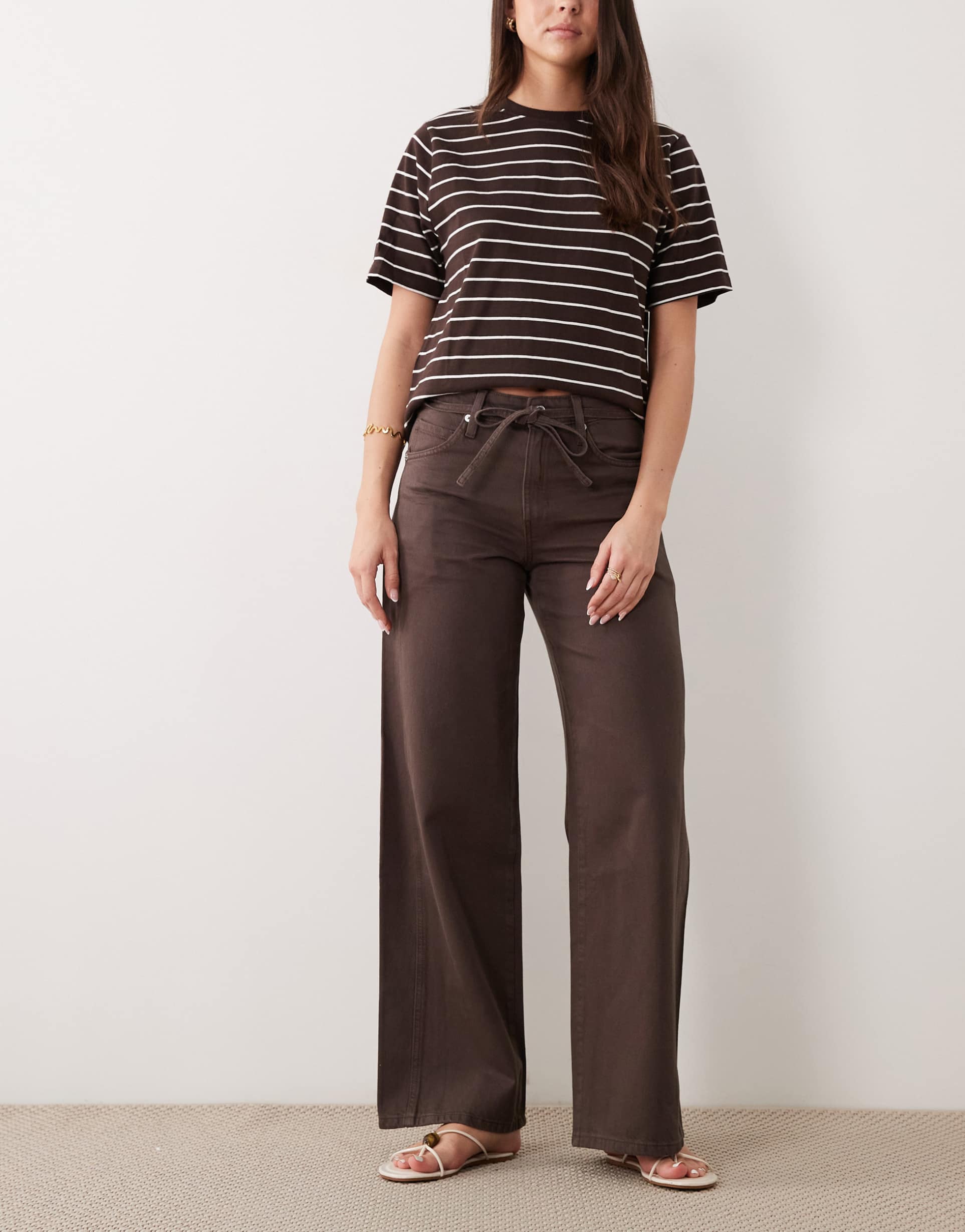 mango rachel drawstring straight leg jeans in brown