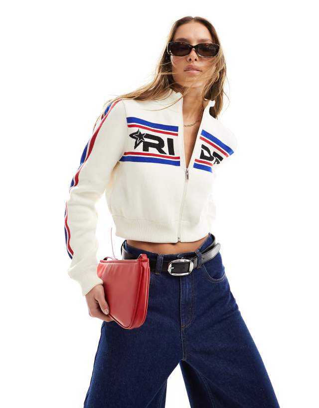 Mango - racing zip through jumper in off white