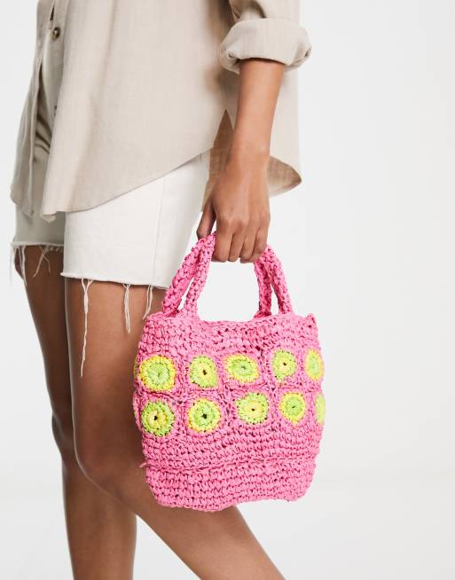 Mango raffia bag in pink and yellow print