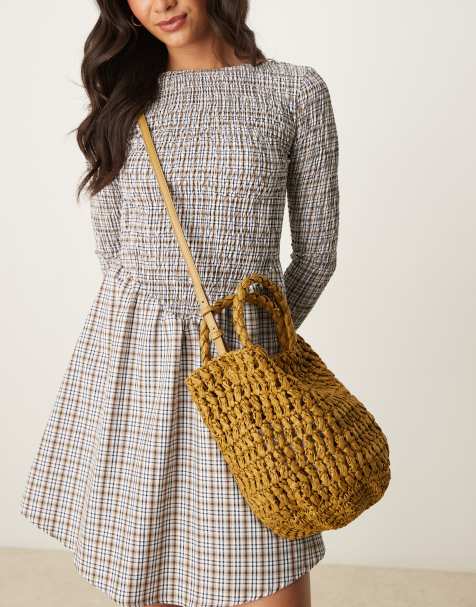 Mango raffia bucket bag with lining in tan - view 1