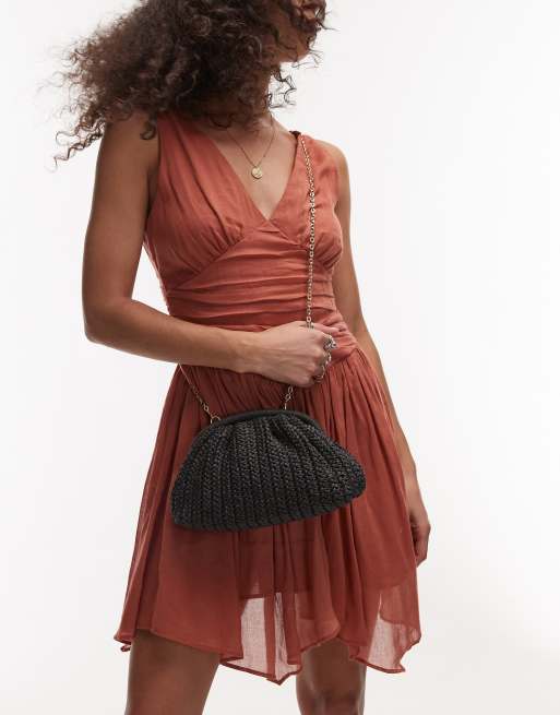 Mango raffia clutch bag in black