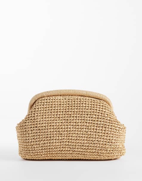 Mango raffia clutch with detatchable chain in beige - view 1