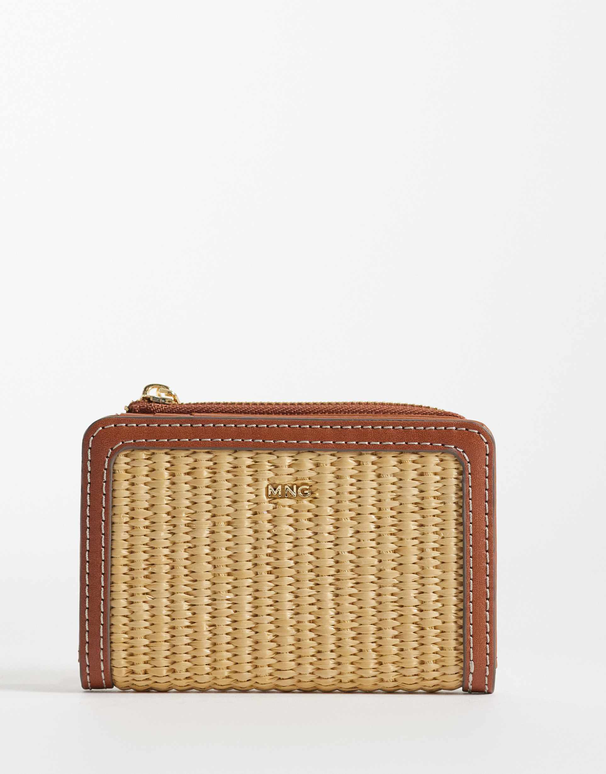 mango raffia look zip up wallet in tan