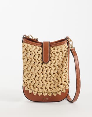 Mango Raffia Pouch Bag In Brown