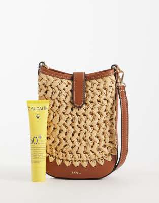 Mango Raffia Pouch Bag In Brown