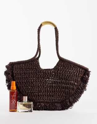 Mango Raffia Shoulder Bag In Brown