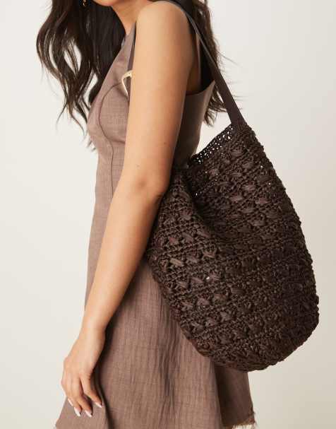 Mango raffia shoulder bag in chocolate brown - view 1