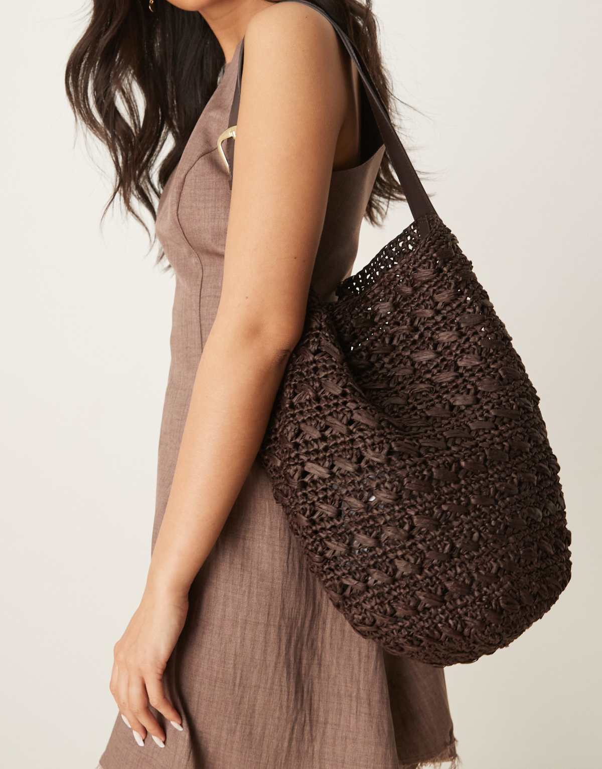 Mango raffia shoulder bag in chocolate brown