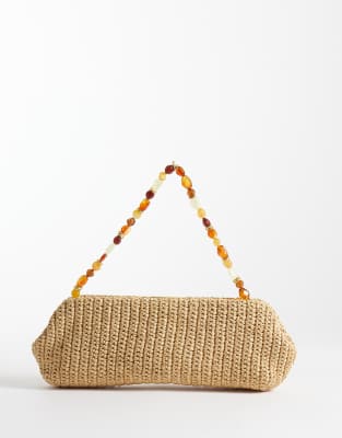 Mango Raffia Shoulder Bag With Beaded Strap In Neutral
