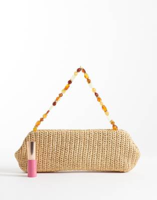 Mango Raffia Shoulder Bag With Beaded Strap In Neutral