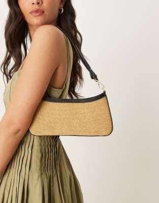 Mango Mango raffia shoulder bag with black trim in tan