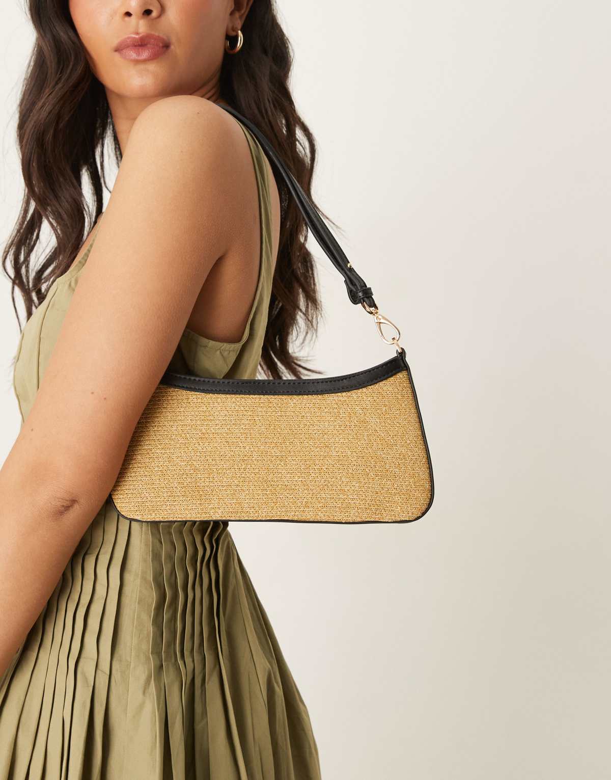Mango raffia shoulder bag with black trim in tan