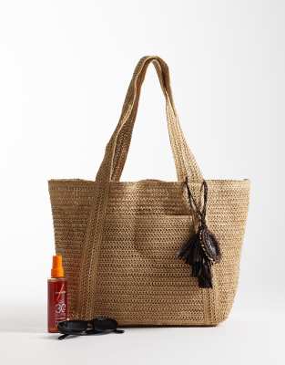 Mango Raffia Tote Bag In Neutral