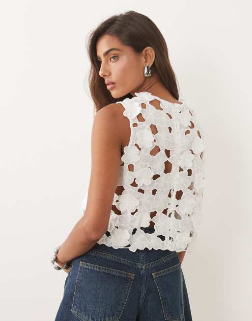 Mango - Råhvid croptop uden ærmer med rund hals og udskåret broderi, 4 af 4