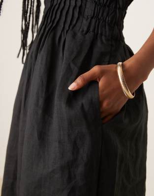 Mango Ramie Linen Blend Draped Sleeves Midaxi Dress With Ruched Pleated Detail Waist And Side Slit