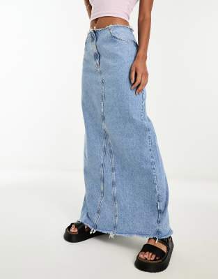 Mango raw hem detail denim maxi skirt in medium blue