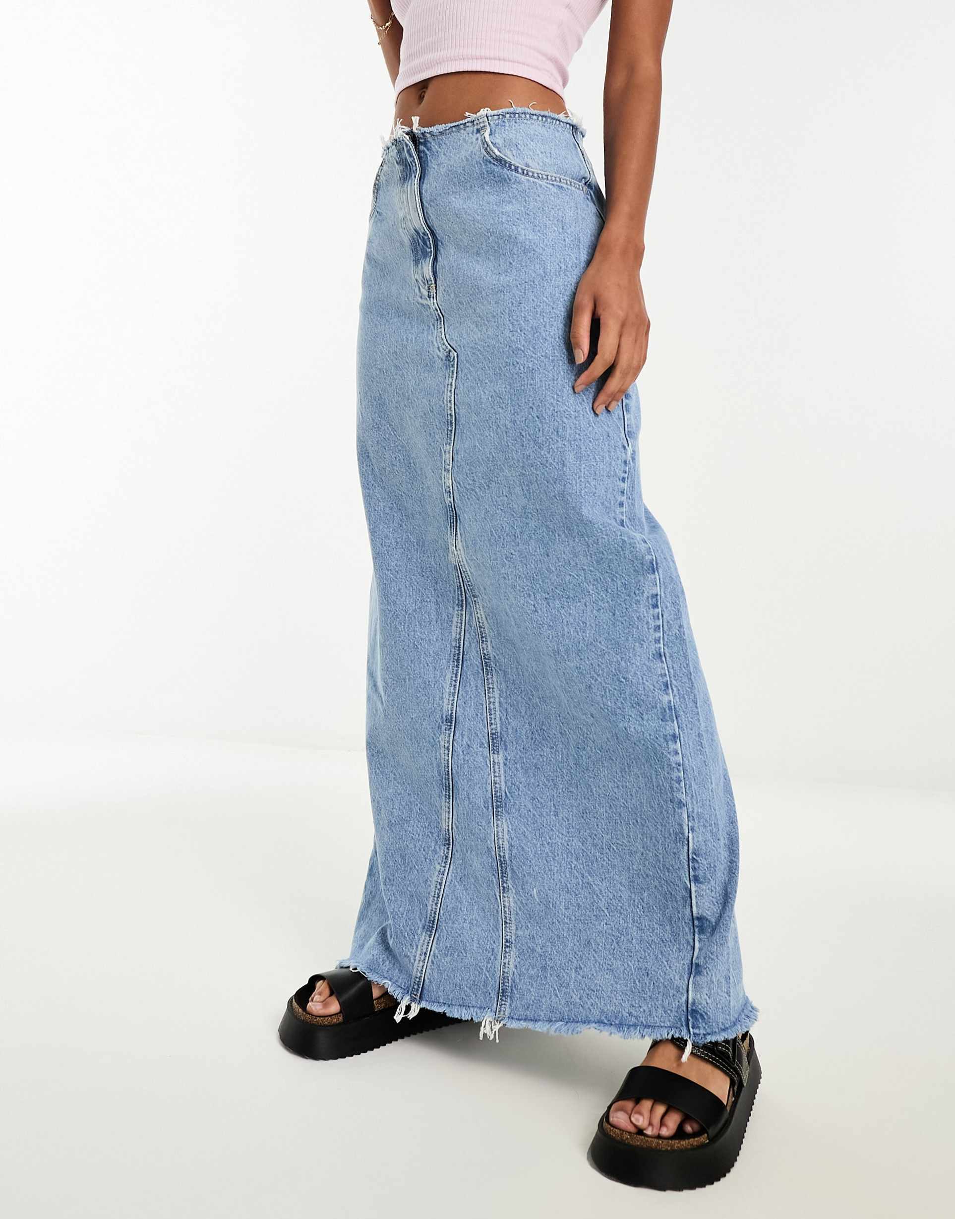 <b>Mango</b> raw hem detail denim maxi skirt in medium blue, 1 of 4.